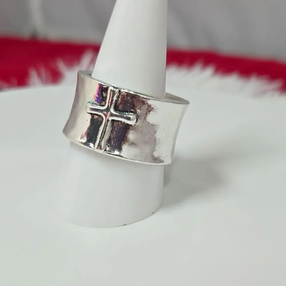Vintage Silver Cross Ring Wide 13mm Band Antique Finish Faith Statement Size 9.5